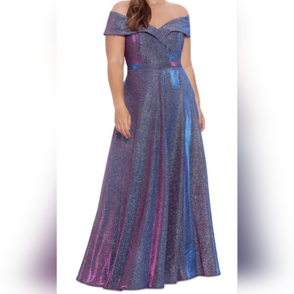 Xscape Sweetheart Neck Thigh High Slit Pleated Glitter Ball Gown Size 18W - Picture 1 of 4